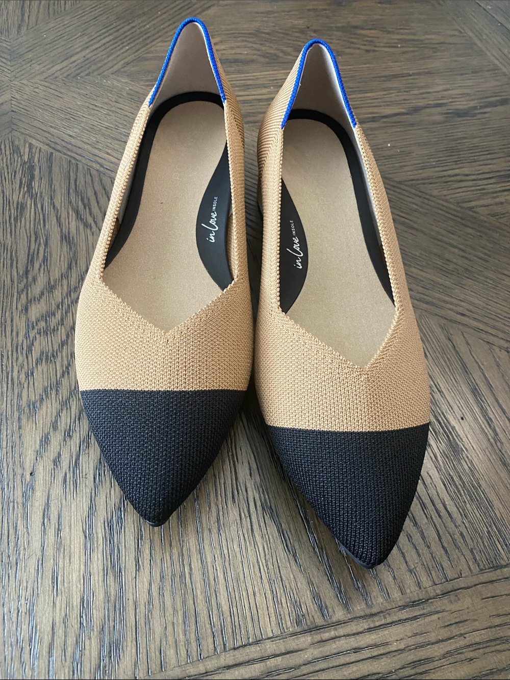 NWOB Rothy's Pointed Toe Two-Tone Knit Flats - Tan and Black